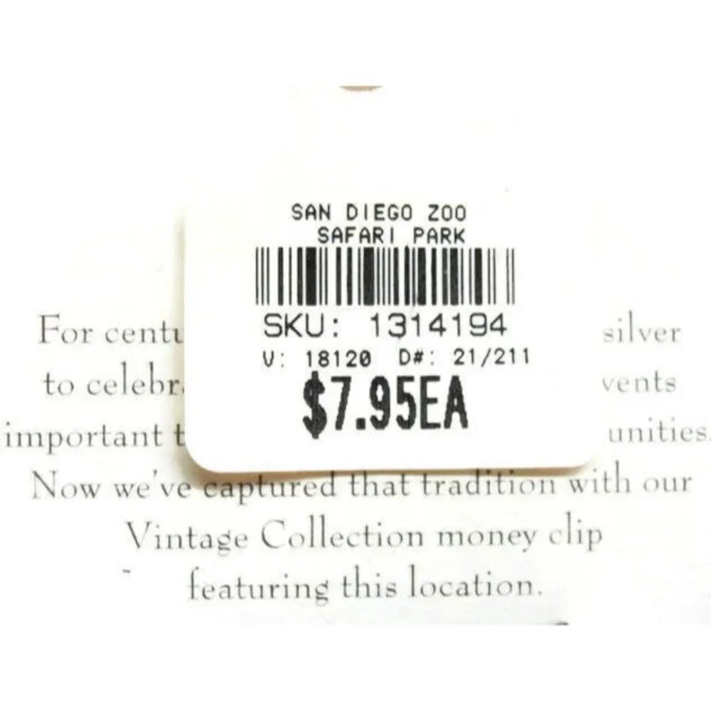 San Diego Zoo Safari Park Money Clip Stainless Steel Silver Tone NIP